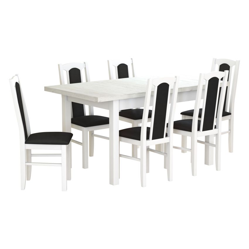 Set masa extensibila 120x150cm cu 6 scaune tapitate, mb-13 max5 si s-37 boss7 b22, alb, lemn masiv de fag, stofa