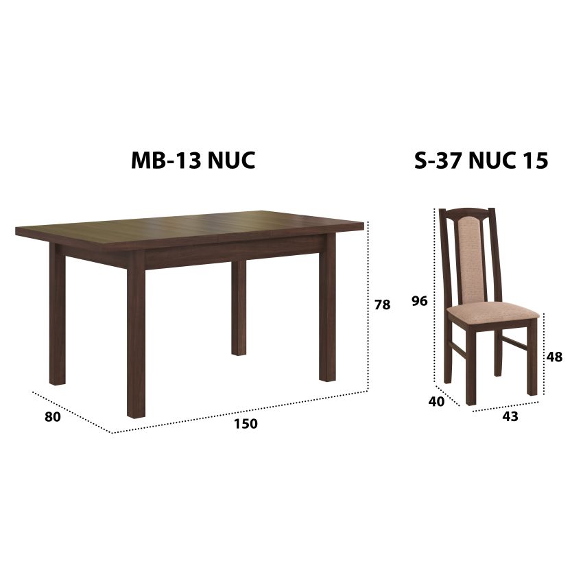 Set masa extensibila 120x150cm cu 6 scaune tapitate, mb-13 max5 si s-37 boss7 o15, nuc, lemn masiv de fag, stofa