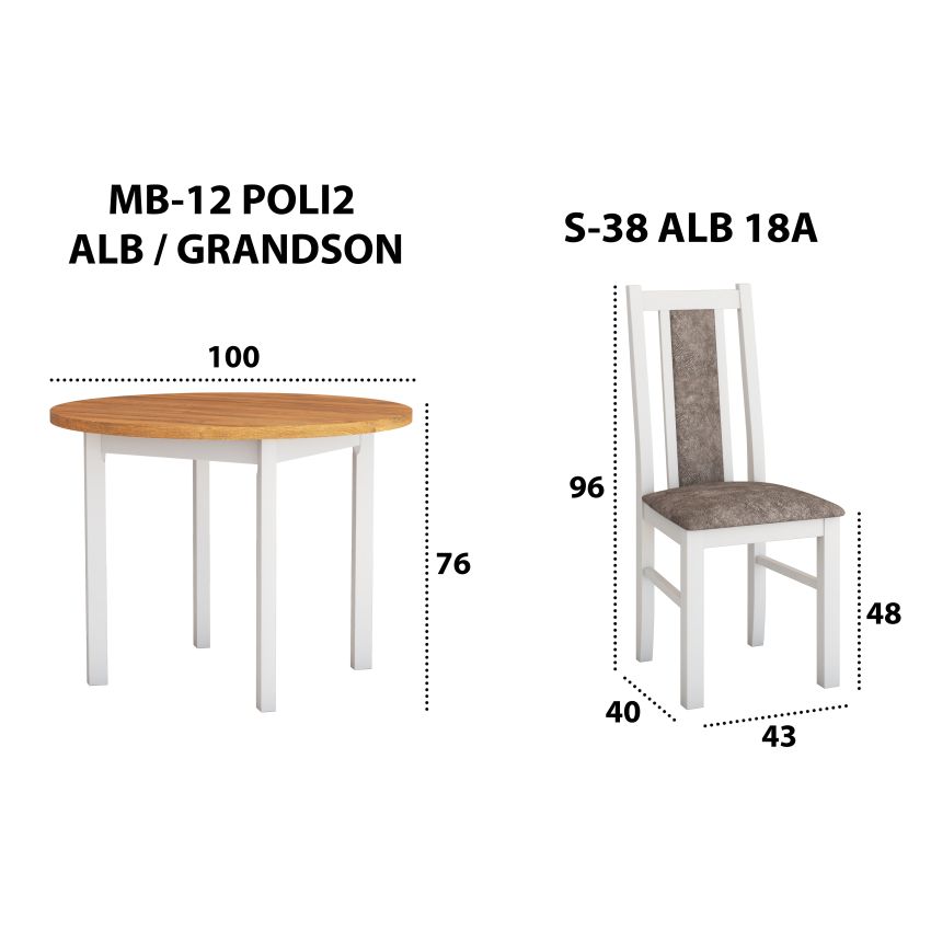 Set masa living poli2 bialy/grandson cu 4 scaune boss14 bialy 18a, lemn masiv/stofa/pal