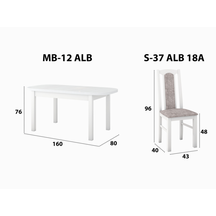 Set masa extensibila 160 x 200 cm cu 6 scaune tapitate, mb-12 venus1 si s-37 boss7 b18a, bialy, lemn masiv de fag, stofa