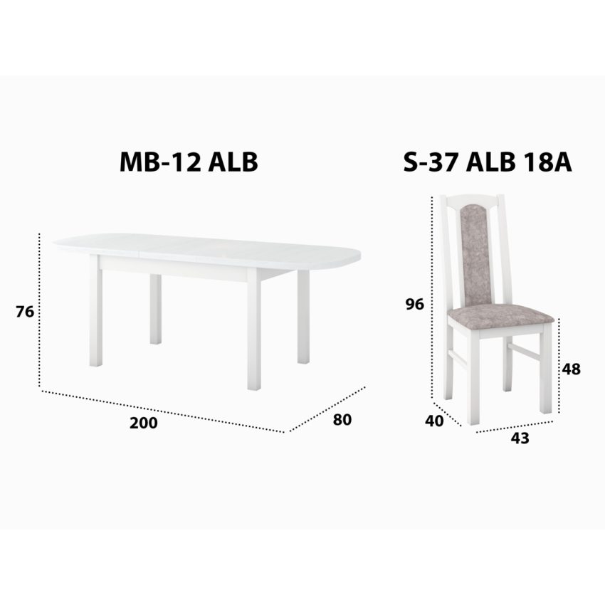 Set masa extensibila 160 x 200 cm cu 6 scaune tapitate, mb-12 venus1 si s-37 boss7 b18a, bialy, lemn masiv de fag, stofa
