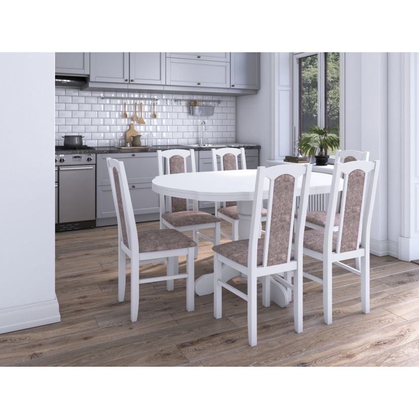 Set masa extensibila Kan 100x135 cm, lemn masiv, culoare alb, blat din mdf cu 6 scaune tapitate S-37 Boss7 25b, stofa