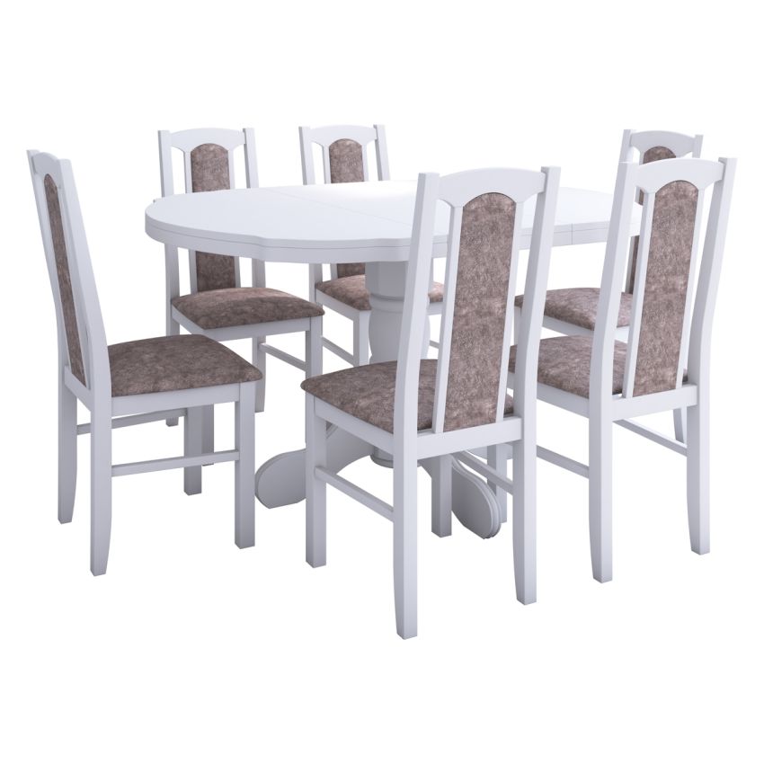 Set masa extensibila Kan 100x135 cm, lemn masiv, culoare alb, blat din mdf cu 6 scaune tapitate S-37 Boss7 25b, stofa