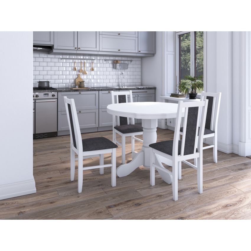 Set masa extensibila Kan 100x135 cm, lemn masiv, culoare alb, blat din mdf cu 4 scaune tapitate S-38 Boss14 B24B, stofa