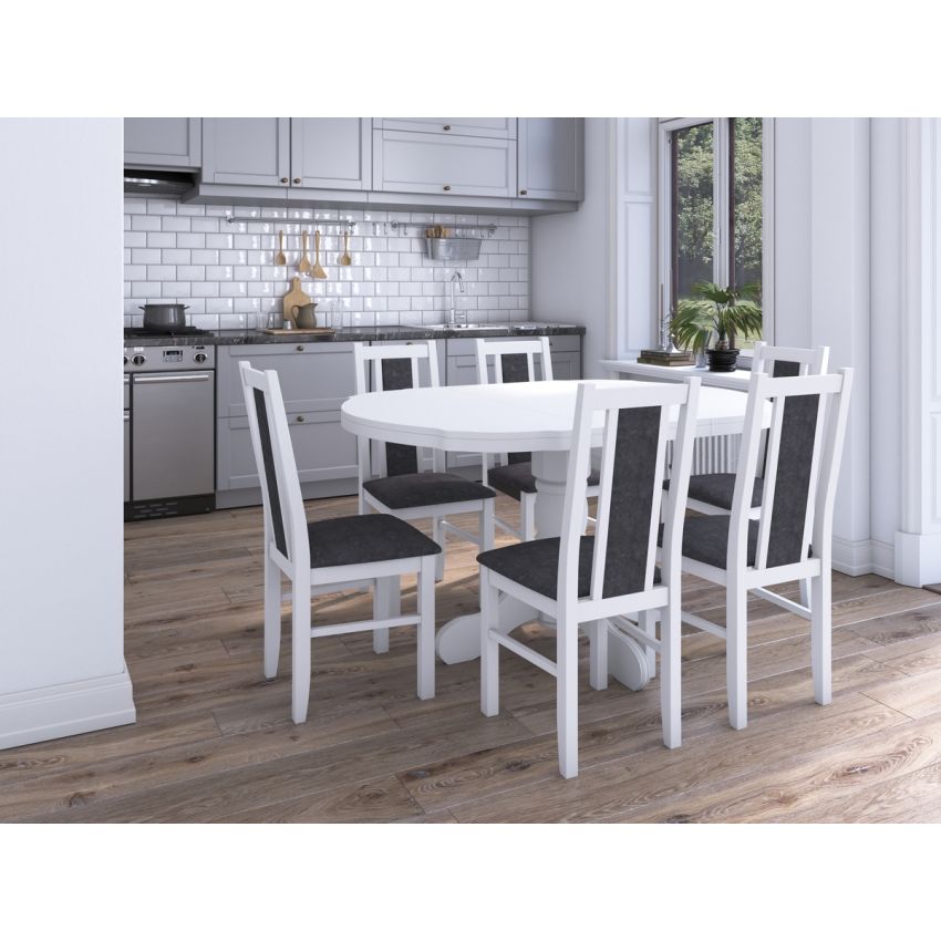 Set masa extensibila Kan 100x135 cm, lemn masiv, culoare alb, blat din mdf cu 6 scaune tapitate S-38 Boss14 B24B, stofa