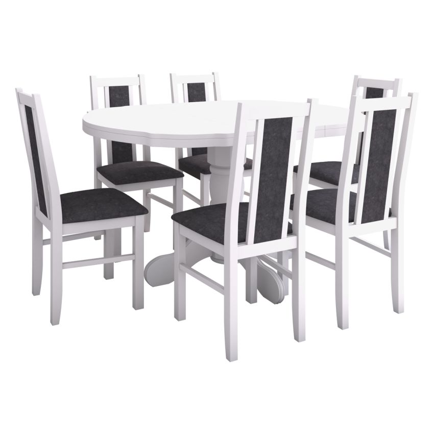 Set masa extensibila Kan 100x135 cm, lemn masiv, culoare alb, blat din mdf cu 6 scaune tapitate S-38 Boss14 B24B, stofa