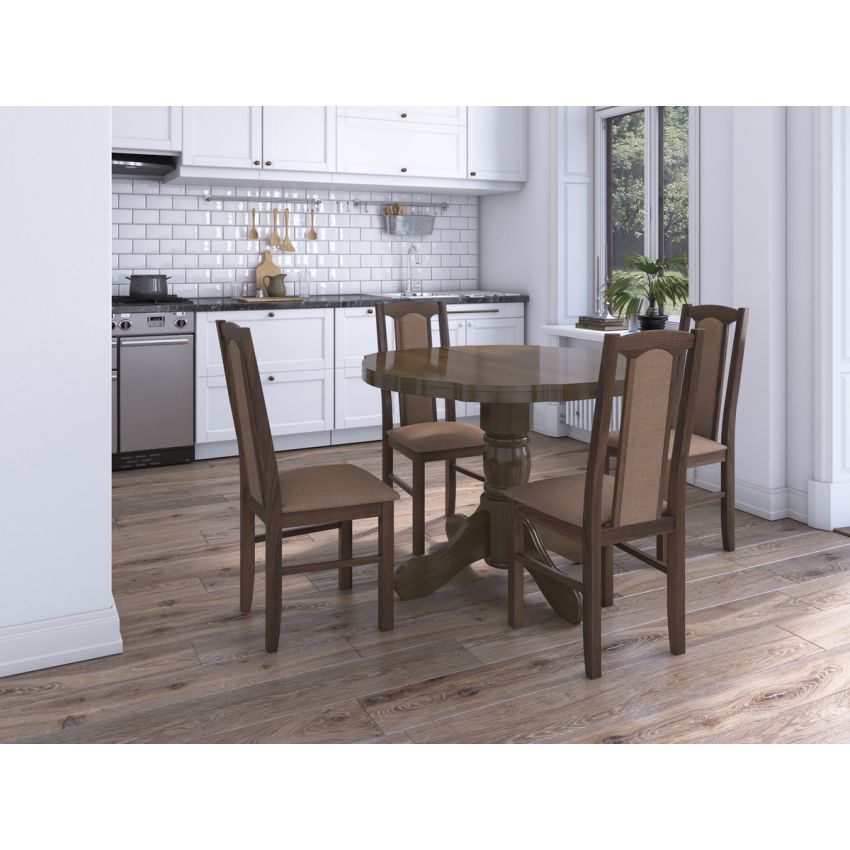 Set masa extensibila Kan 100x135 cm, lemn masiv, culoare nuc, blat din mdf cu 4 scaune tapitate S-37 Boss7 o15, stofa