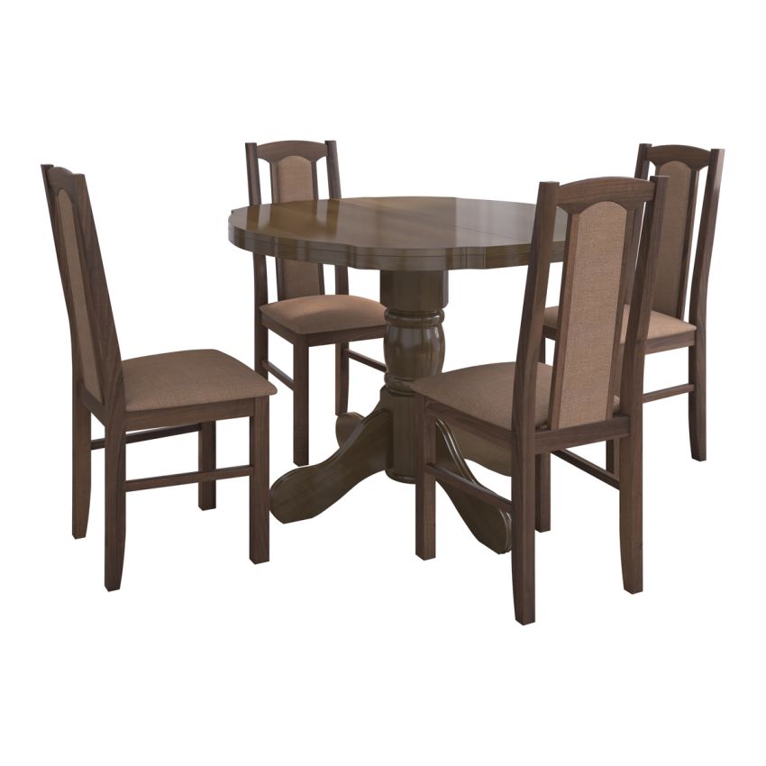 Set masa extensibila Kan 100x135 cm, lemn masiv, culoare nuc, blat din mdf cu 4 scaune tapitate S-37 Boss7 o15, stofa