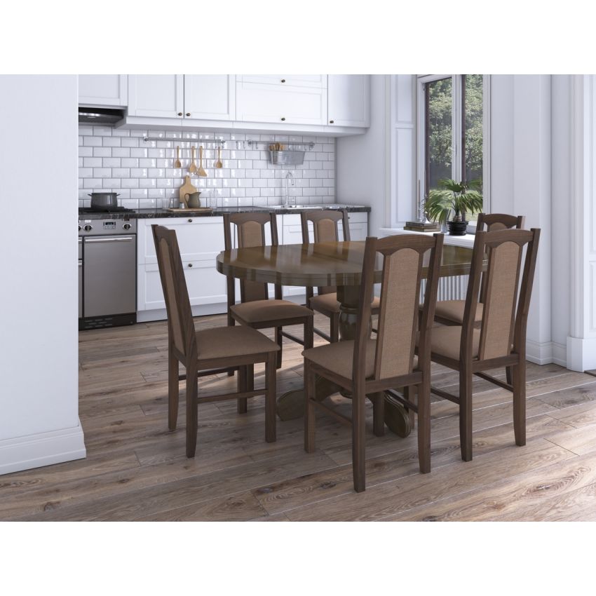 Set masa extensibila Kan 100x135 cm, lemn masiv, culoare nuc, blat din mdf cu 6 scaune tapitate S-37 Boss7 o15, stofa