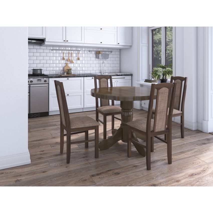 Set masa extensibila Kan 100x135 cm, lemn masiv, culoare nuc, blat din mdf cu 4 scaune tapitate S-37 Boss7 o2, stofa