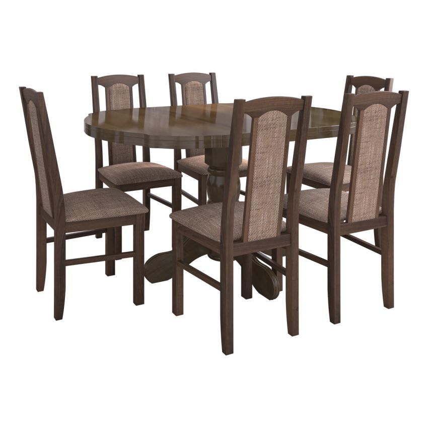 Set masa extensibila Kan 100x135 cm, lemn masiv, culoare nuc, blat din mdf cu 6 scaune tapitate S-37 Boss7 o2, stofa