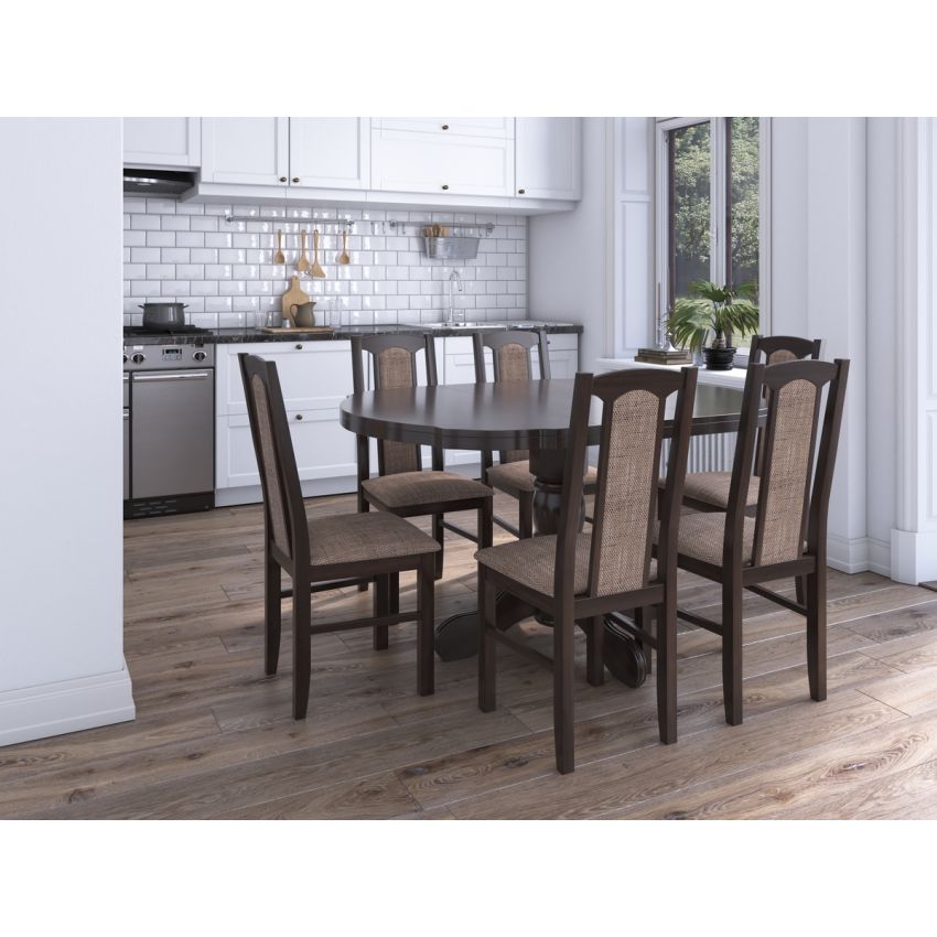 Set masa extensibila Kan 100x135 cm, lemn masiv, culoare wenge, blat din mdf cu 6 scaune tapitate S-37 Boss7 w2, stofa