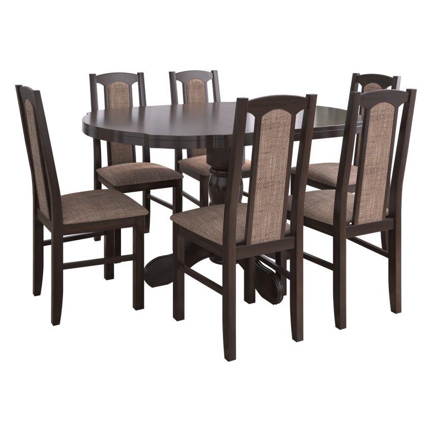 Set masa extensibila Kan 100x135 cm, lemn masiv, culoare wenge, blat din mdf cu 6 scaune tapitate S-37 Boss7 w2, stofa