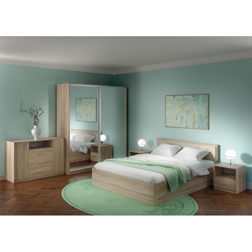 Dormitor Vita Plus sonoma cu pat cu tablie tapitata