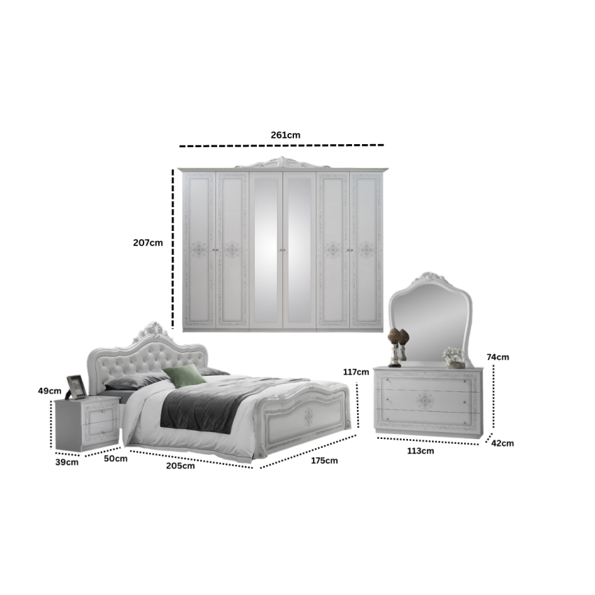 Dormitor Luisa, alb, pat 160x200 cm, dulap cu 6 usi, comoda, 2 noptiere