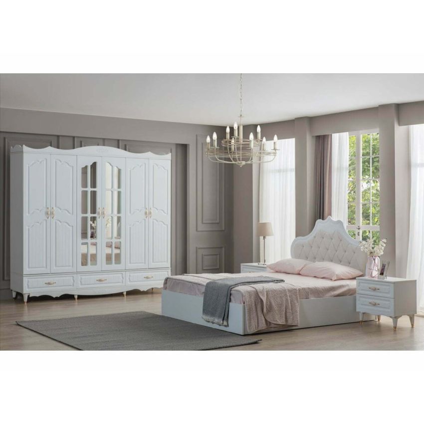 Dormitor Akasya, alb/crem, mdf/pal, pat 180×200, dulap cu 6 usi, 2 comode, 2 noptiere