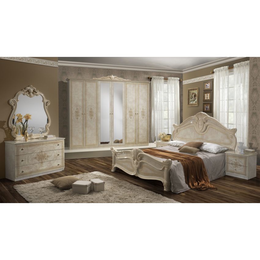 Dormitor Amalfi, bej, pat 160x200 cm, dulap cu 6 usi, comoda, 2 noptiere