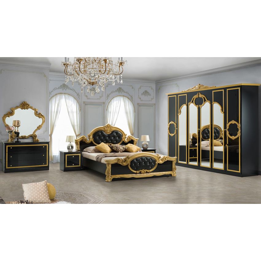 Dormitor Barocco Nero, negru/auriu, pat 160x200 cm, dulap cu 6 usi, comoda, 2 noptiere