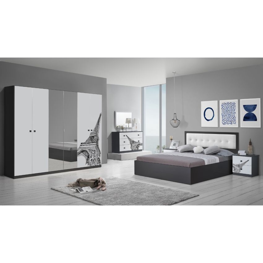 Dormitor Eiffel, alb/negru, pat 160x200, comoda, dulap, noptiere