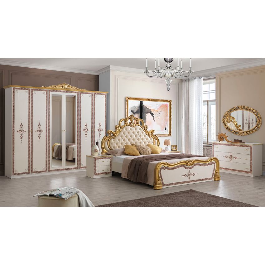 Dormitor grace, crem, pat 160x200 cm, dulap cu 6 usi, 2 noptiere, comoda