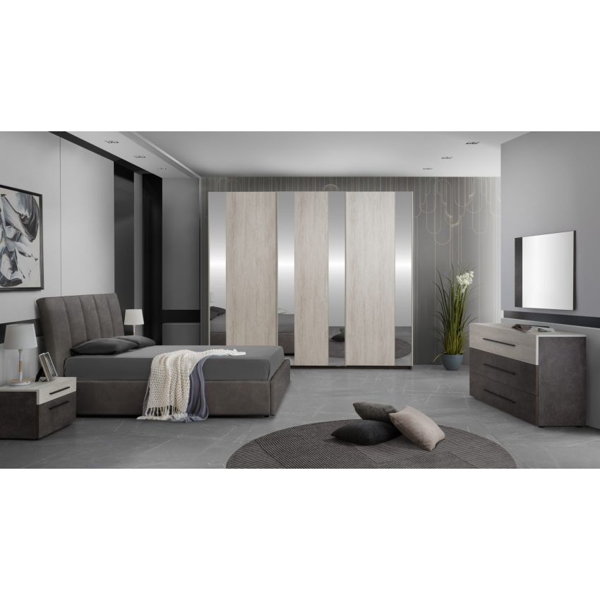 Dormitor Lea, gri/ulm, pat 160x190, dulap cu 3 usi culisante, 2 noptiere, comoda