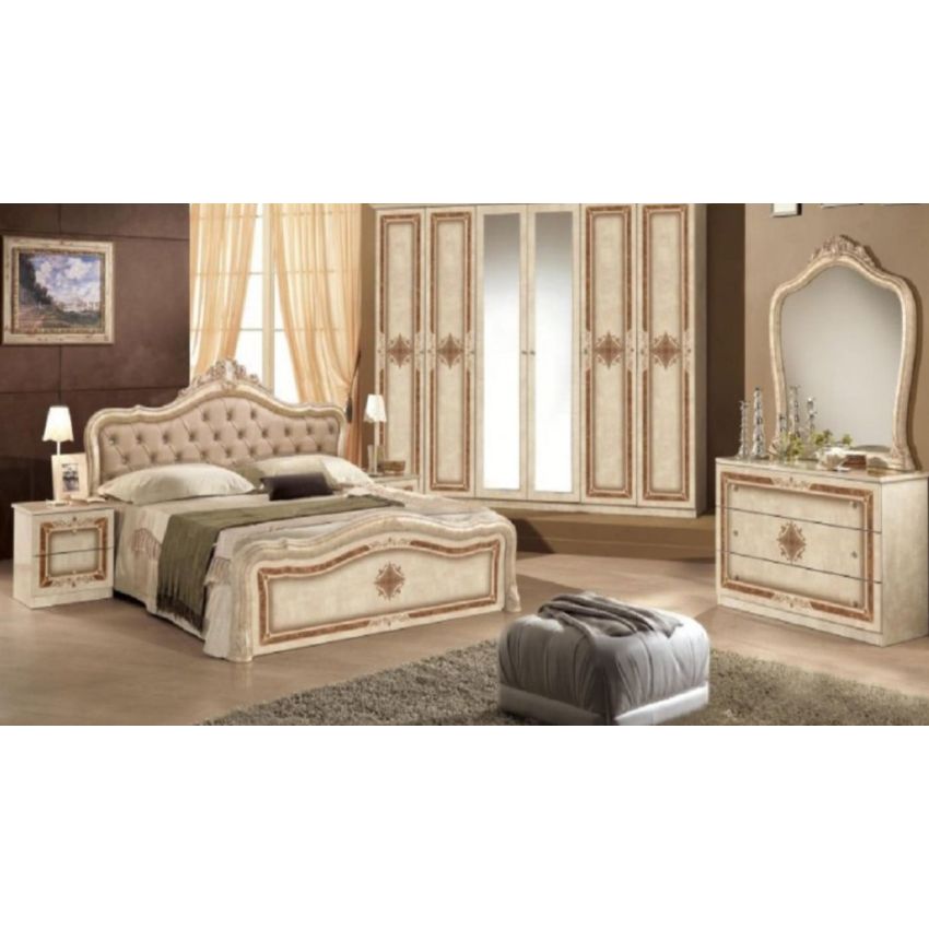Dormitor luisa, bej, dulap cu 6 usi, pat 160x200 cm, 2 noptiere, comoda