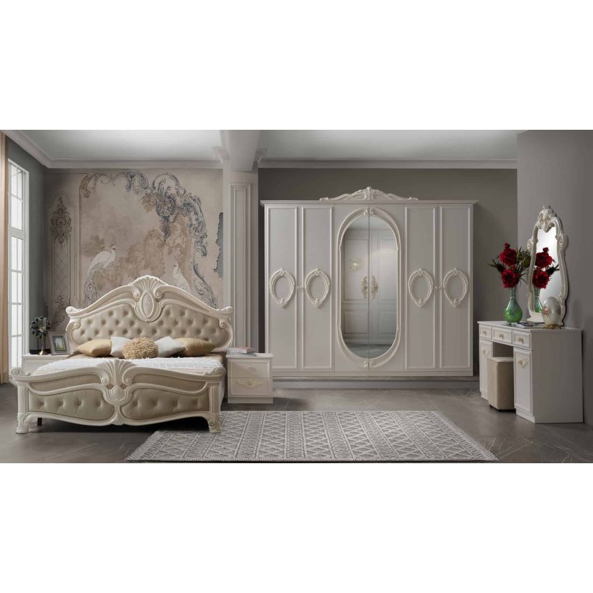 Dormitor Neli, crem, pat 160x200 cm, dulap cu 6 usi, comoda, 2 noptiere