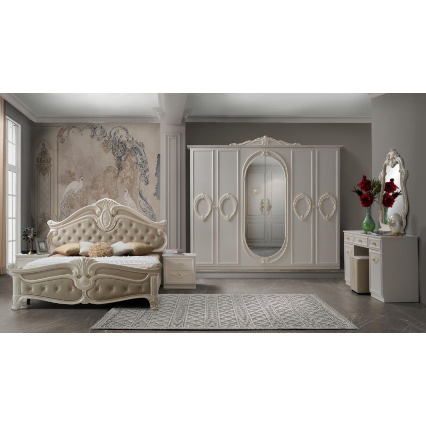 Dormitor Neli, crem, pat 180x200 cm, dulap cu 6 usi, comoda, 2 noptiere