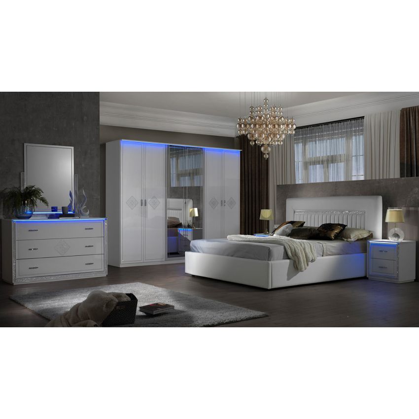Dormitor New Gemma, alb, pat 160x200 cm, dulap cu 6 usi, 2 noptiere, comoda