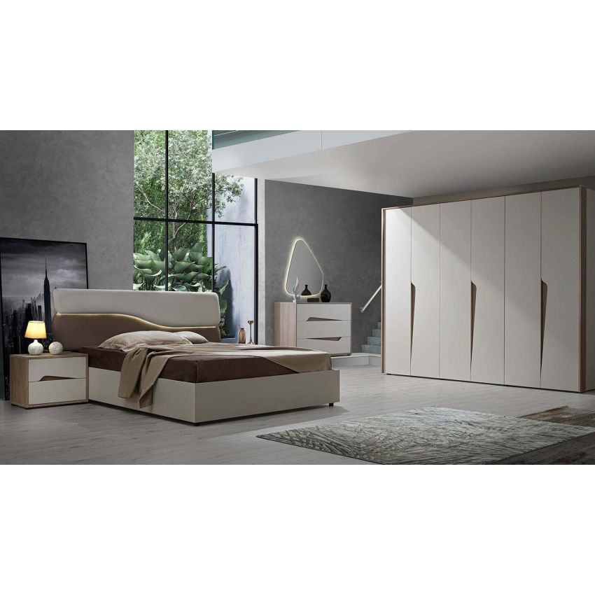 Dormitor Soleil, crem, pat 160x190 cm, dulap cu 6 usi, 2 noptiere, comoda