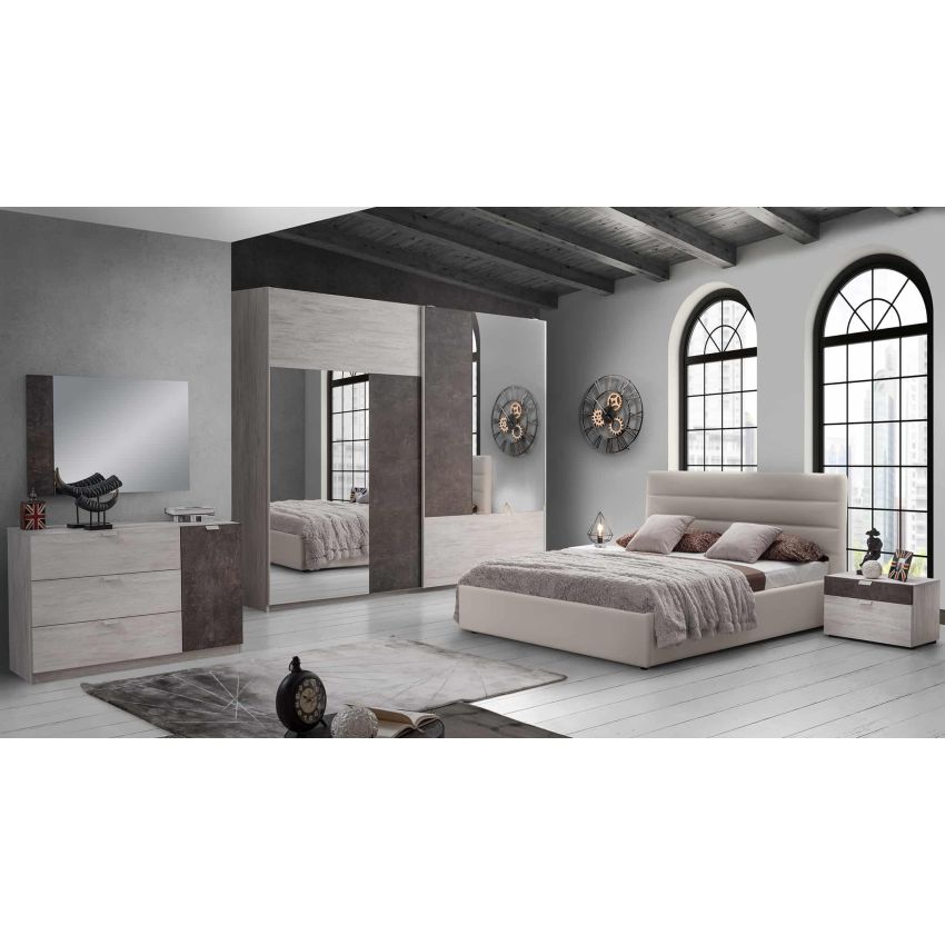 Dormitor Urban, ulm/maro, pat 160x200 cm, dulap cu 2 usi culisante, 2 noptiere, comoda