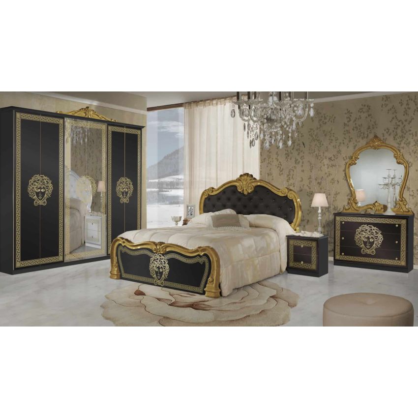 Dormitor Vilma Negru-Auriu, Dulap 261 cm, Pat 160x200 cm, 2 Noptiere, Comoda