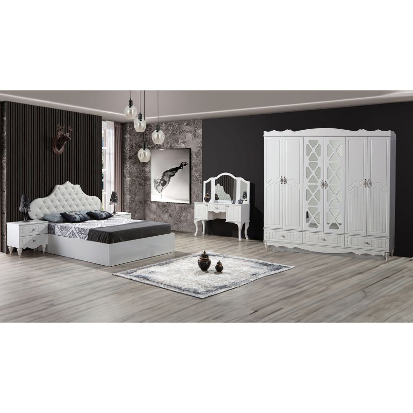 Dormitor Ada, alb, pat 160 x 200 cm, dulap cu 6 usi, 2 noptiere, comoda