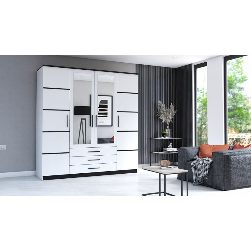 Dressing Stefan 4d, alb/negru, 200 x 210 x 64 cm