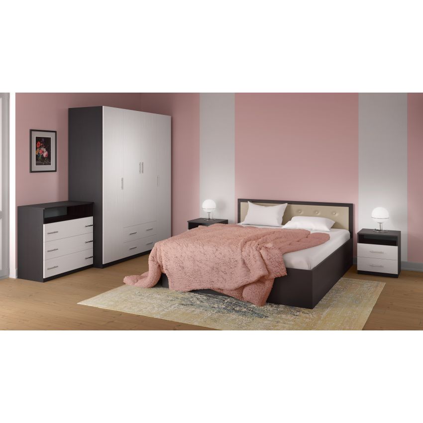 Dormitor Stellan wenge/alb cu pat cu tablie tapitat