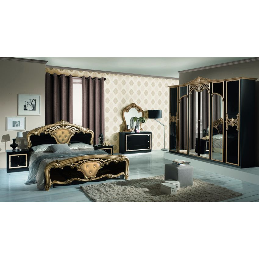 Dormitor Eva Nero, negru/auriu, pat 160x200 cm, dulap cu 6 usi, comoda, 2 noptiere