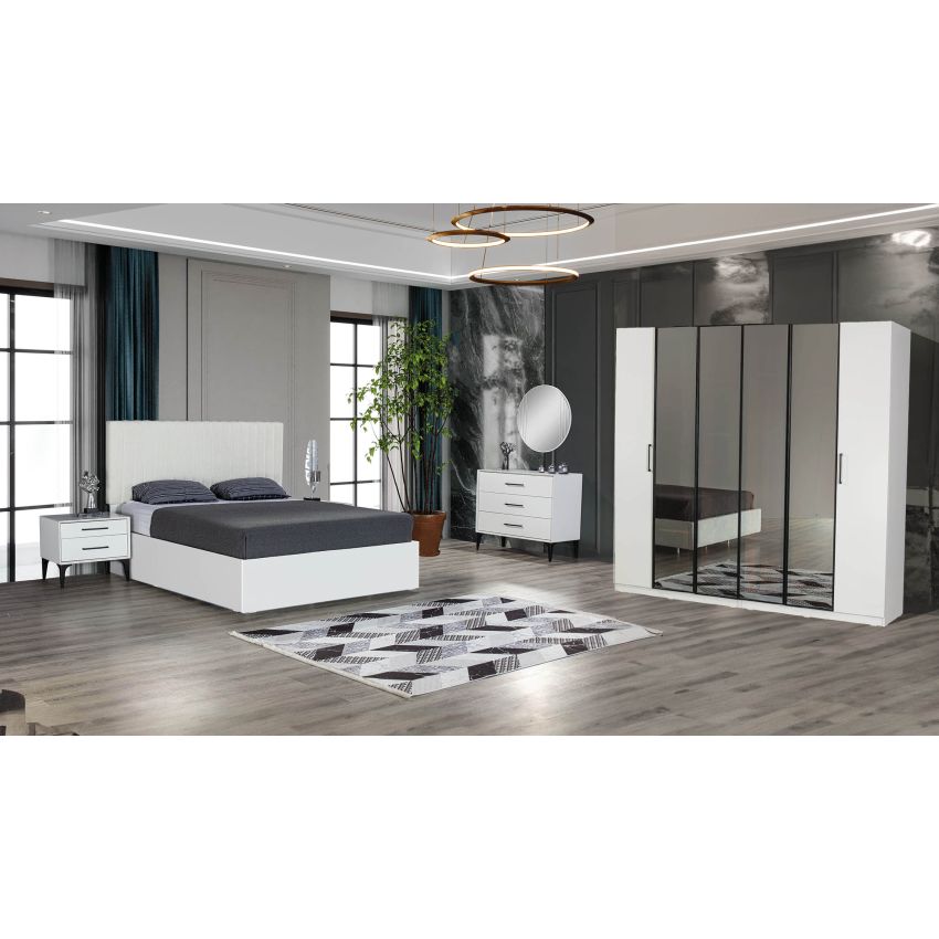 Dormitor Licia, alb, pat 160 x 200 cm, dulap cu 6 usi, 2 noptiere, comoda