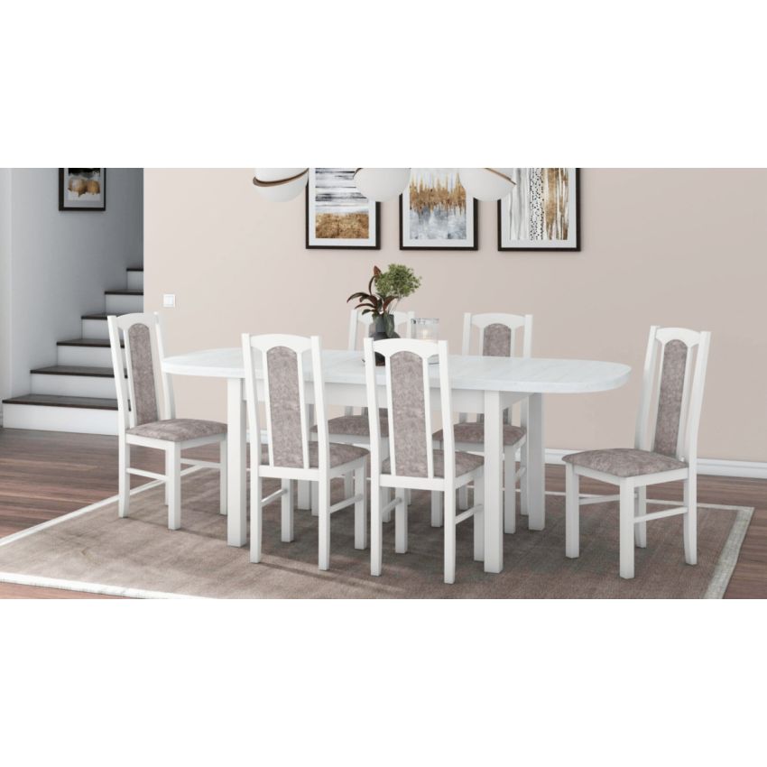 Set masa extensibila 160 x 200 cm cu 6 scaune tapitate, mb-12 venus1 si s-37 boss7 b25B, bialy, lemn masiv de fag, stofa