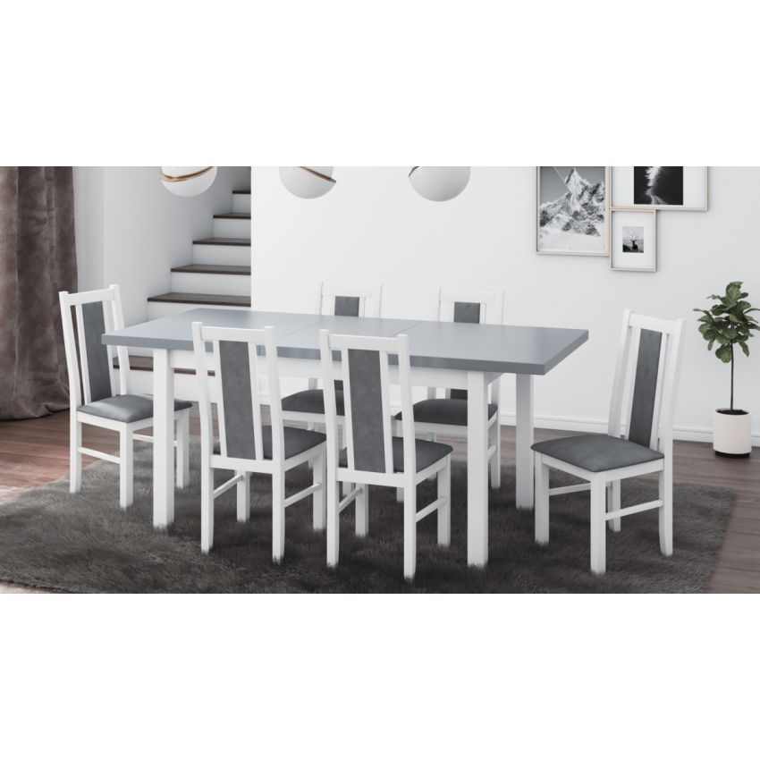 Set masa extensibila 140-180x80 cm cu 6 scaune tapitate, mb-21 modena1 si s-38 boss14 b24b, alb/grafit, lemn masiv de fag, stofa