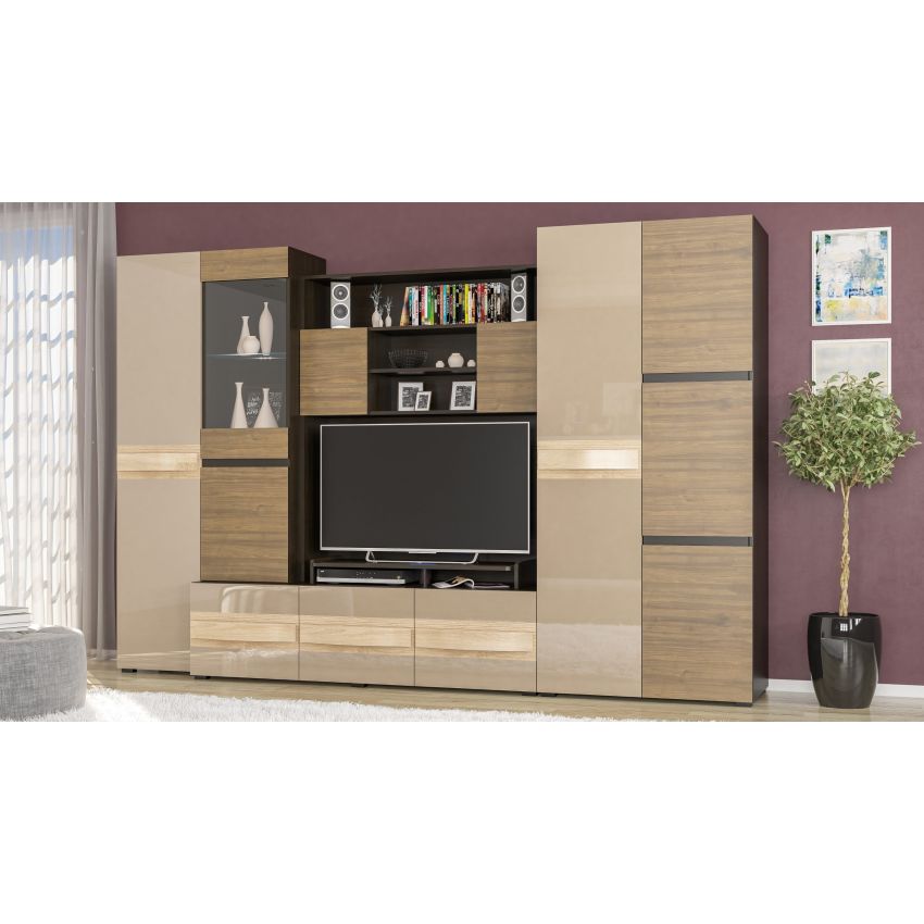 Bibliotecă living Glamour, 300 cm, Wenge/Cappuccino