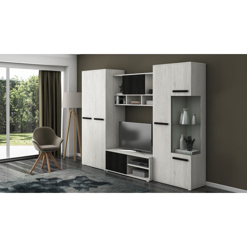 Bibliotecă living Paul, 280 cm, Alb Murdar / Pin Negru Norvegian