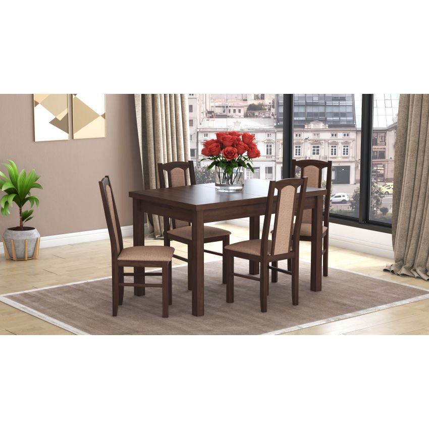 Set masa extensibila 120x150cm cu 4 scaune tapitate, mb-13 max5 si s-37 boss7 o15, nuc, lemn masiv de fag, stofa