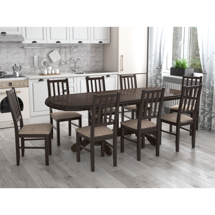 Set masa extensibila jork 160-200 cm, lemn masiv wenge, cu 8 scaune tapitate stofa maro, s-38 b4 W2