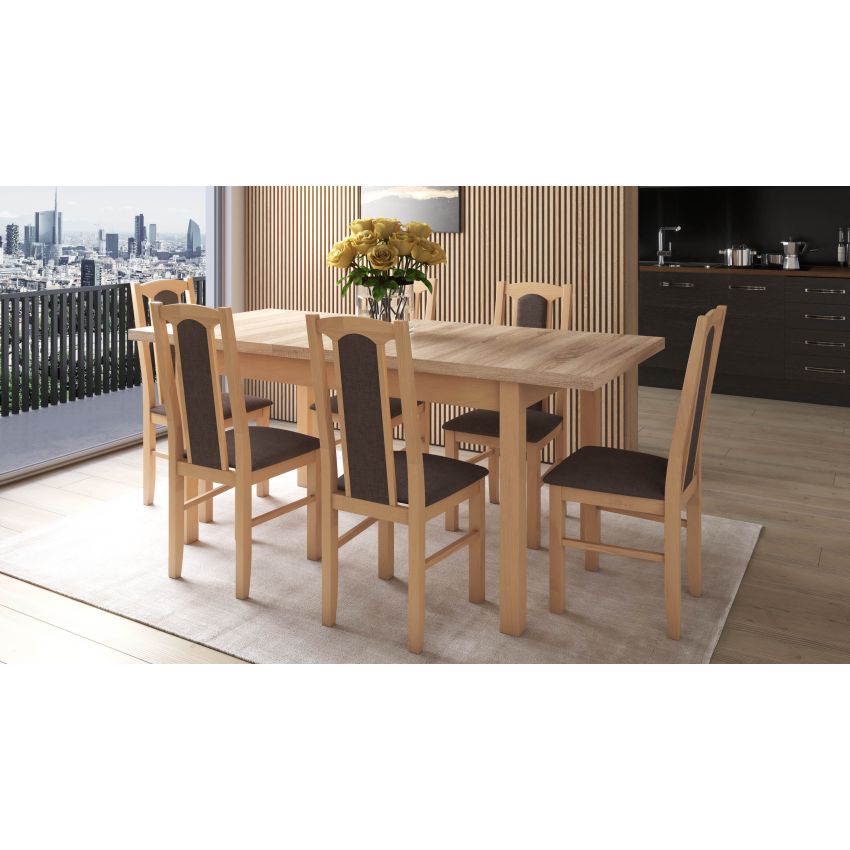 Set masa extensibila 140-180x80 cm cu 6 scaune tapitate, mb-21 modena1 si s-37 boss7 s6, sonoma, lemn masiv de fag, stofa
