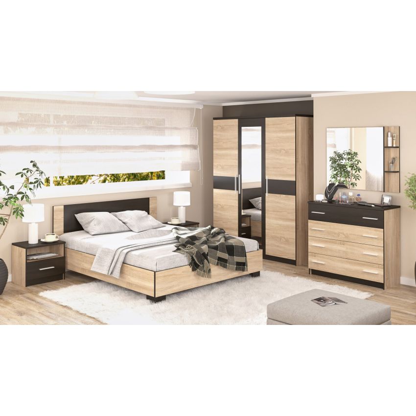 Set dormitor Veronika, sonoma/wenge, dulap 150 cm, pat 160×200 cm, 2 noptiere, comoda