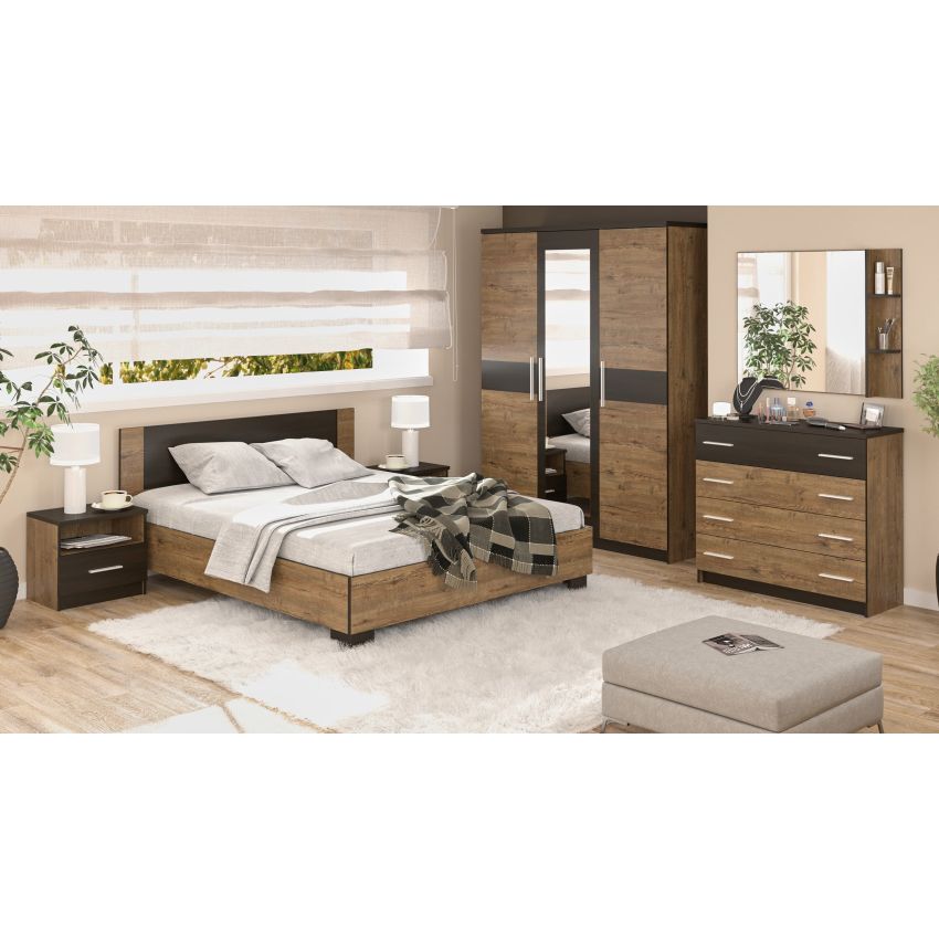 Set dormitor Veronika, stejar/wenge, dulap 150 cm, pat 160×200 cm, 2 noptiere, comoda