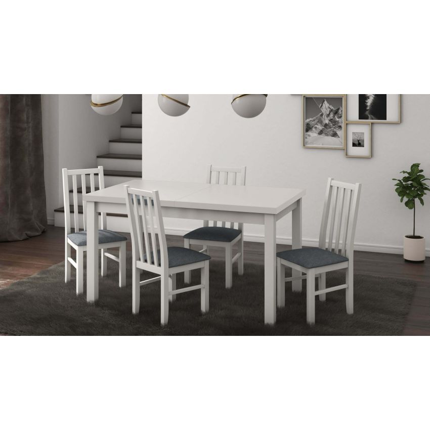 Set masa extensibila 120x150cm cu 4 scaune tapitate, mb-13 max5 si s-38 boss10 b11, alb, lemn masiv de fag, stofa