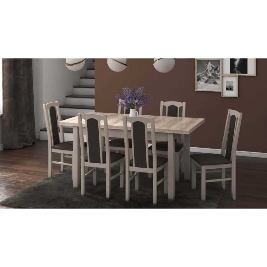 Set masa extensibila 120x150cm cu 6 scaune tapitate, mb-13 max5 si s-37 boss7 s6, sonoma, lemn masiv de fag, stofa
