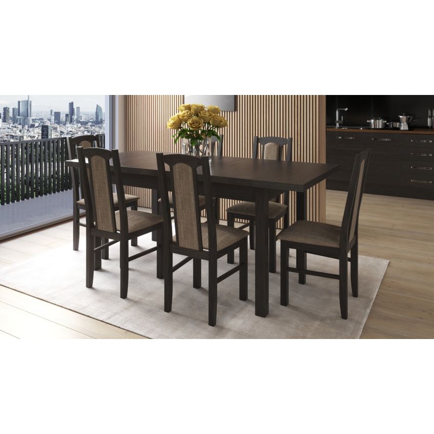 Set masa extensibila 140-180x80 cm cu 6 scaune tapitate, mb-21 si s-37, wenge, lemn masiv de fag, stofa