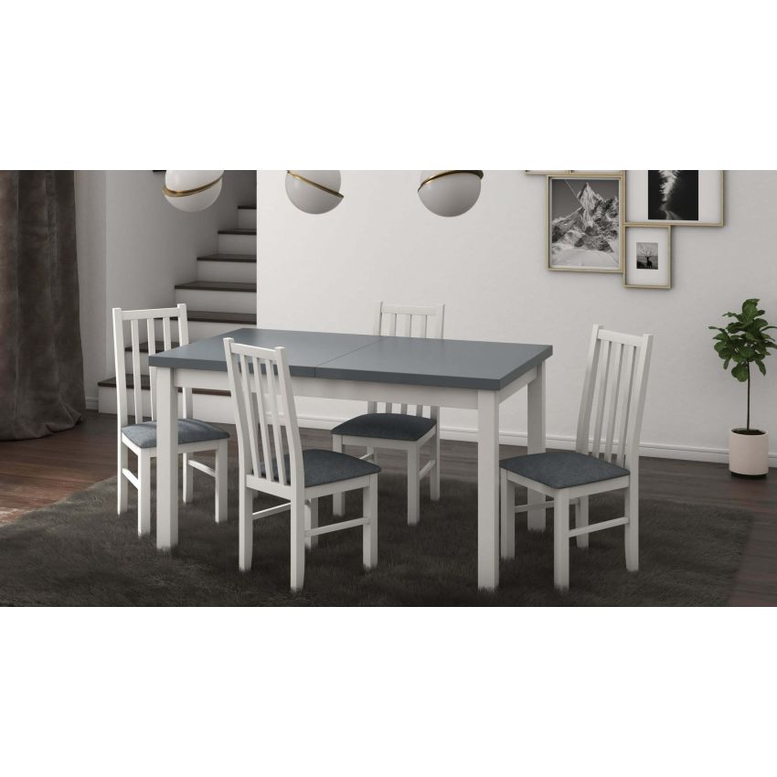 Set masa extensibila 140-180x80 cm cu 4 scaune tapitate, mb-21 modena1 si s-38 boss10 b11, alb/grafit, lemn masiv de fag, stofa